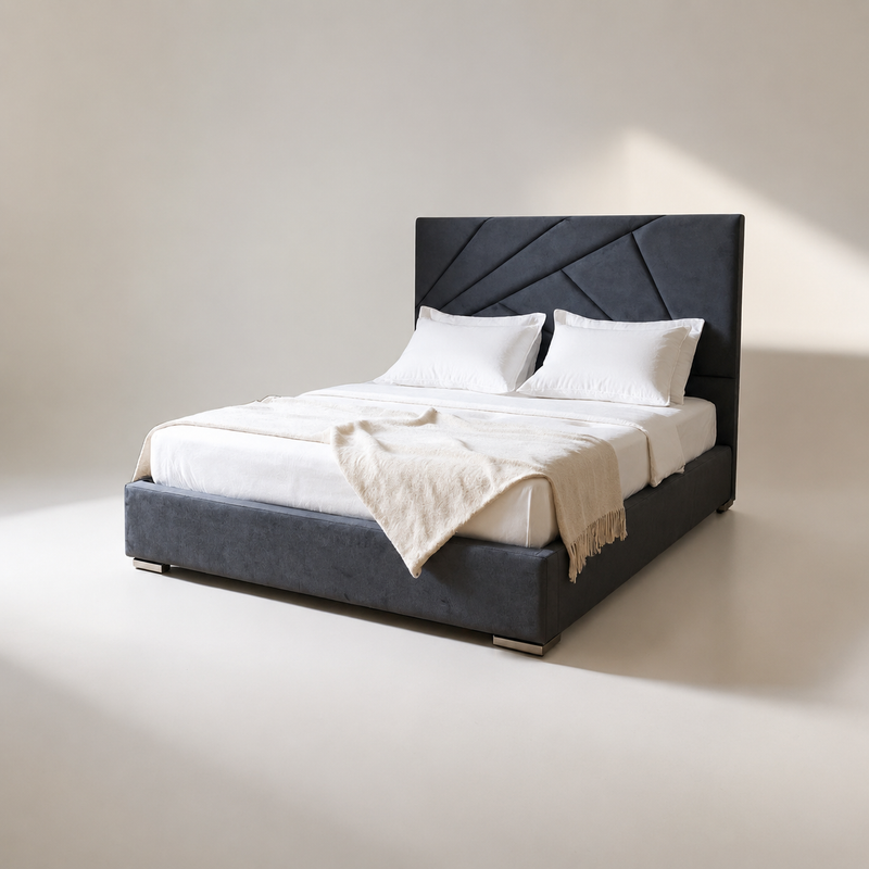 Modern bed with dark upholstered tufted headboard